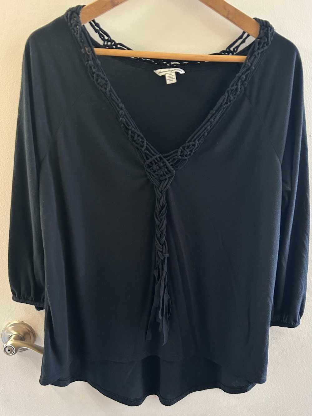 American Eagle Outfitters Navy V-Neck Macramé Tie Tunic